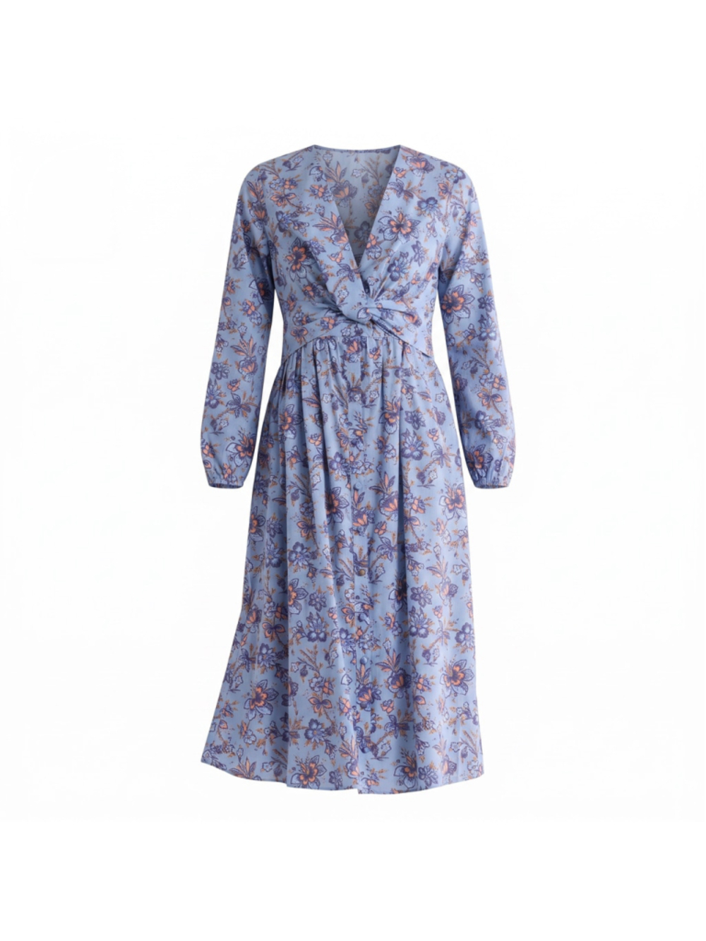 Derek Lam 10 Crosby Valerie Twist Front Long Sleeve Midi Dress Denim Blue Multi